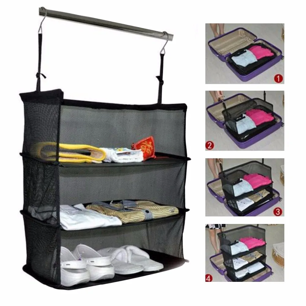 

3 Layers Portable Travel Storage Bag Hook Hanging Organizer Wardrobe Clothes Storage Rack Holder Travel Suitcase Shelves Black