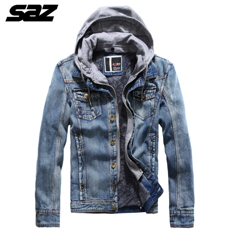 

Saz Men Winter Jean Jackets Hooded Outerwear Warm Denim Coats New Men Large Size Thicker Denim Jackets Hooded Removable