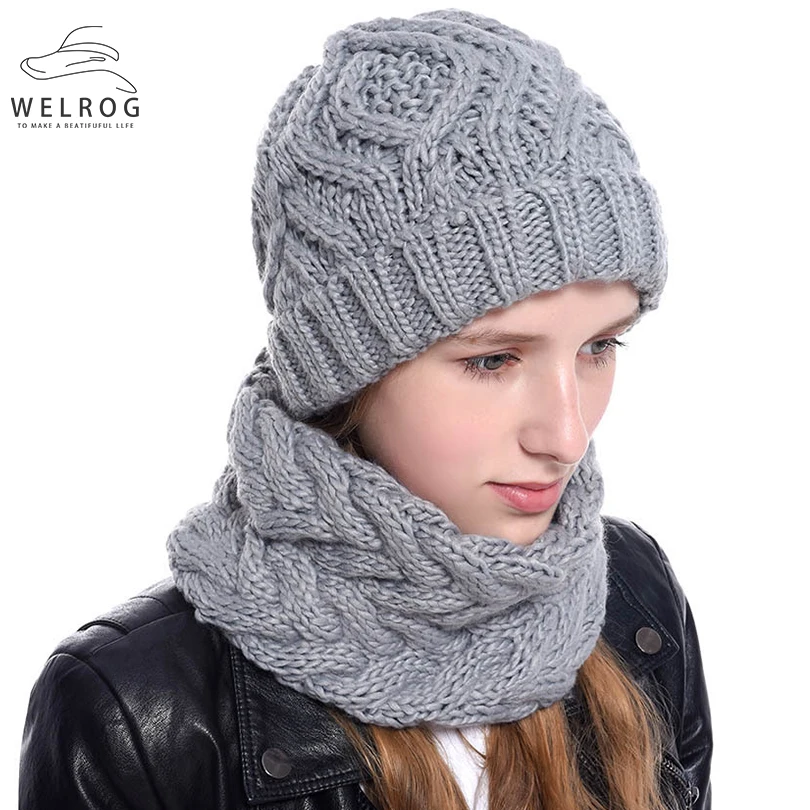 WELROG Winter Beanie Hat and Scarf Set for Women Autumn Casual Hat Ring Scarves Hat Knit Skullies Beanies Hats for Girls