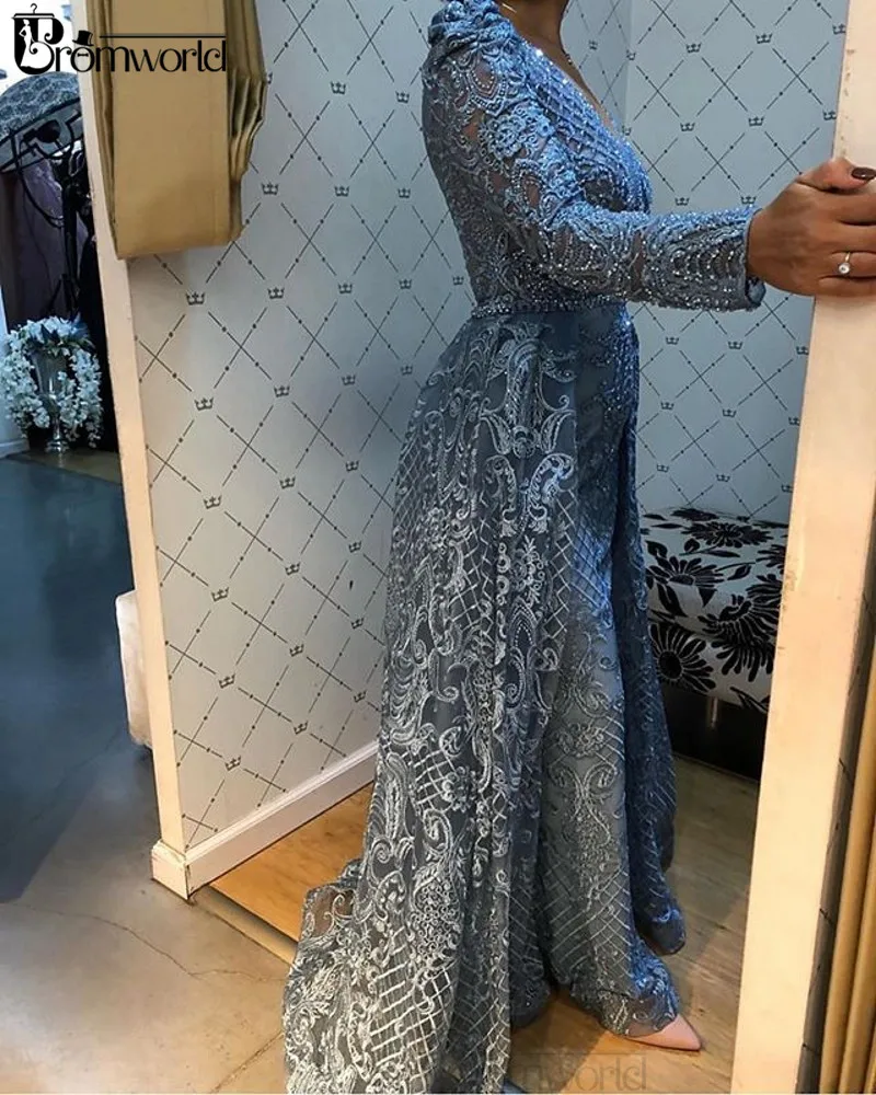 Gray Evening Dresses Long with Sleeves V-Neck Lace Beaded Mermaid Special Occasion Formal Party Gown Prom abiye gece elbisesi