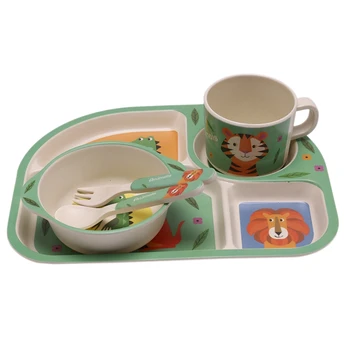 

Baby Bamboo Fiber 5 Pcs/Set Tableware Set Baby Plate Children Cartoon Separation Plate Bowl Fork Spoon Cup Set Feeding Supplies