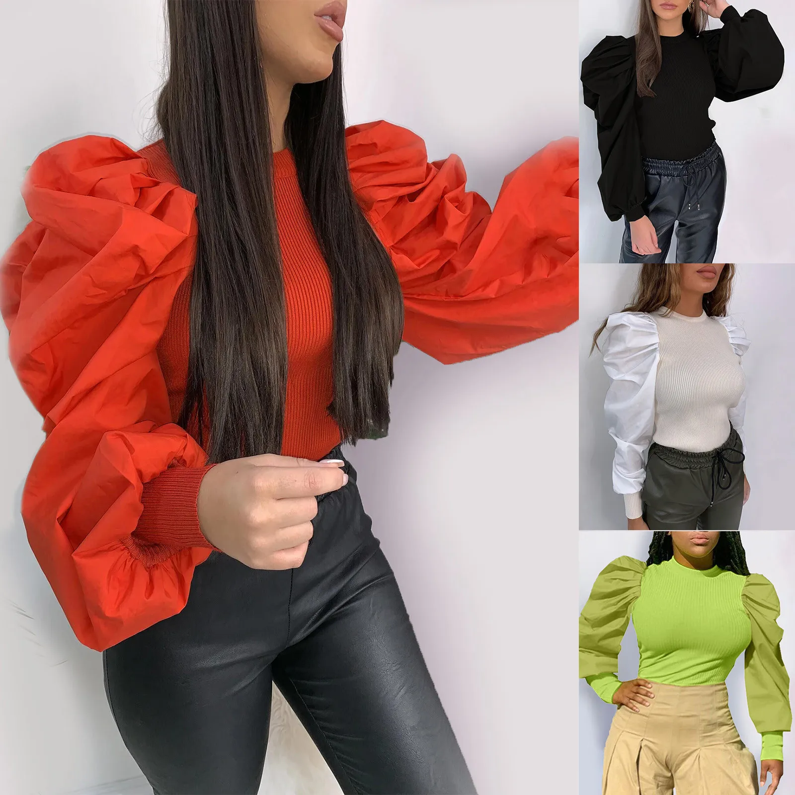 Blusa larga color liso con manga abombada para verano, Camisa larga color liso con volantes para Mujer, 2021
