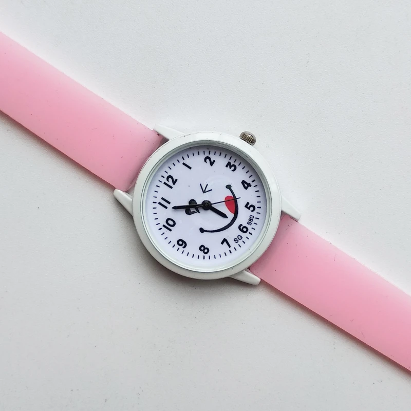 Милые детские часы со смайликом детские часы для девочек Резиновые Кварцевые часы Детские часики для мальчиков часы horloge kinderen детские подарки - Цвет: Розовый