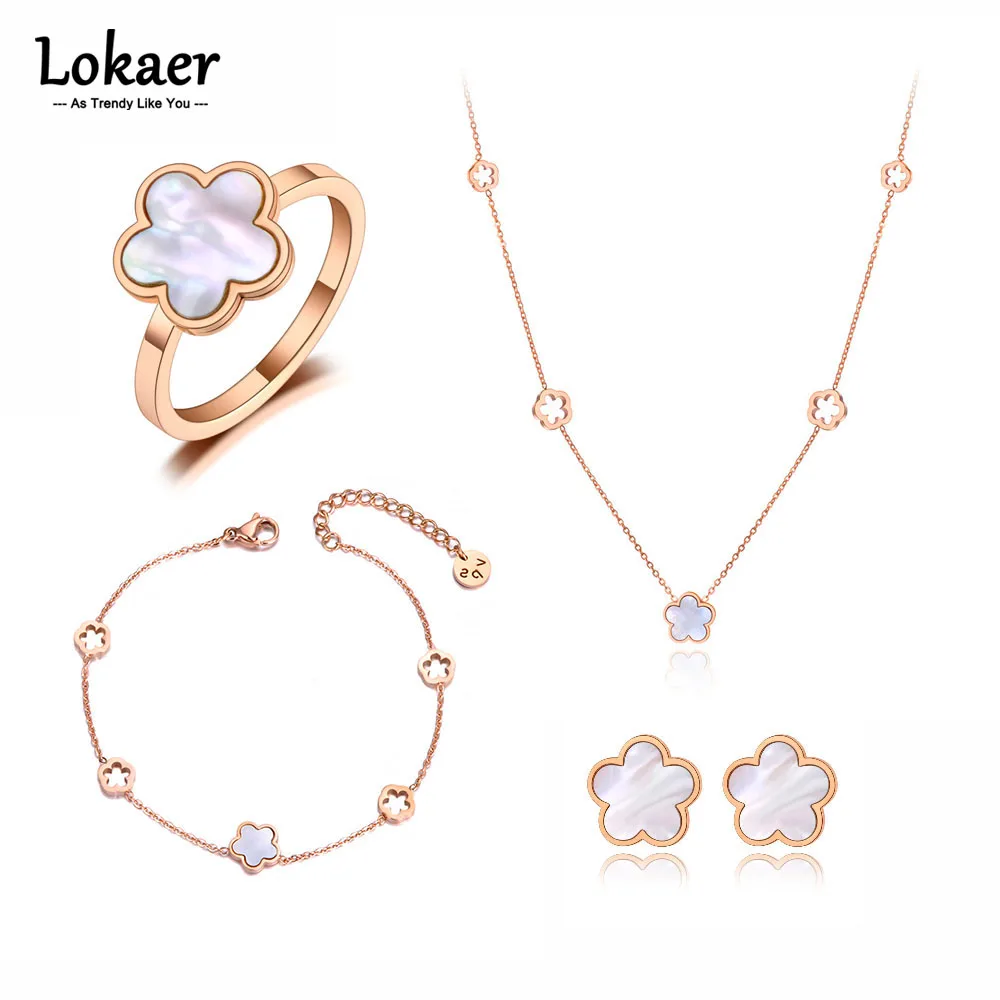 Jewelry Sets Jewelry Set Lokaer Stainless Steel White Shell Flower Charm Pendant Necklace Ring Bracelet Earrings Wedding Jewelry Set For Women SE059