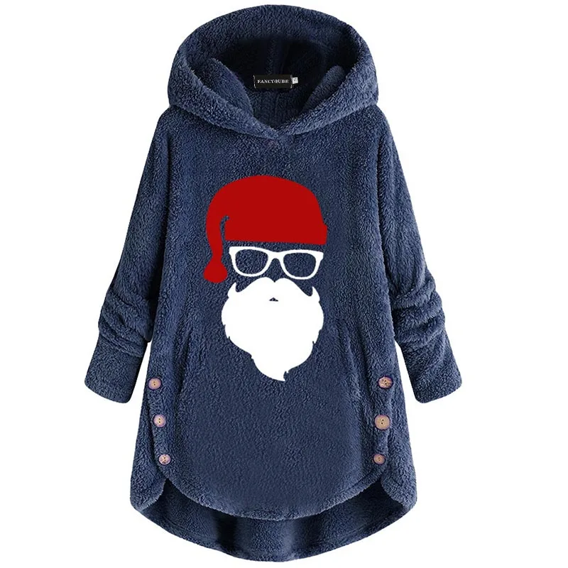 Sudaderas de mujer, Рождественский свитер размера плюс для женщин, плюшевый пуловер на пуговицах, топы с капюшоном, шерсть, Санта Клаус, свободная одежда