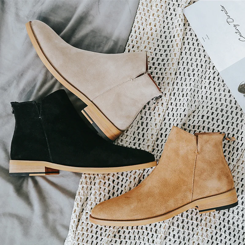Men Chelsea Boots Men Shoes England Trend Casual Ankle Boots Zip Genuine Leather Male Wedding Dress Chelsea Boots