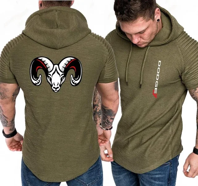Muscle for Dodge Ram Head print short Sleeve Hoodies Fashion slim Hooded Sweatshirt Men Hip Hop Hoodie Top tracksuit clothes