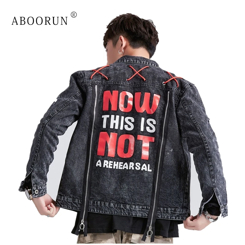 

Back Zippers Drawstring Denim Jackets Men's Vintage Ripped Denim Jackets Hip Hop Cotton Coat for Male