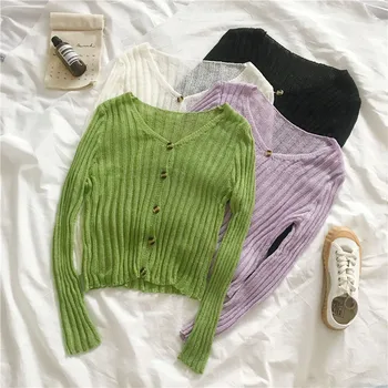 

Spring V-Neck Sweaters Coat Knitted Striped Cardigan Women OL Thin High Waist Single-breasted Long Sleeved Autumn Thin Tops