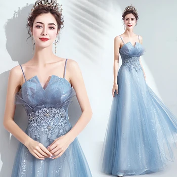 

Elegant Blue Evening Dresses A-line Sequins Tulle Lace Beading Formal Party Dresses Evening Gowns Vestido De Festa JK48