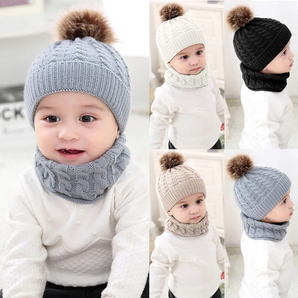 

0-2 Years 2Pcs Set Baby Newborn Kids Girls Boys Hat Winter Warm Knitted Wool Hemming Beanie Cap+Scarf Keep for Hats