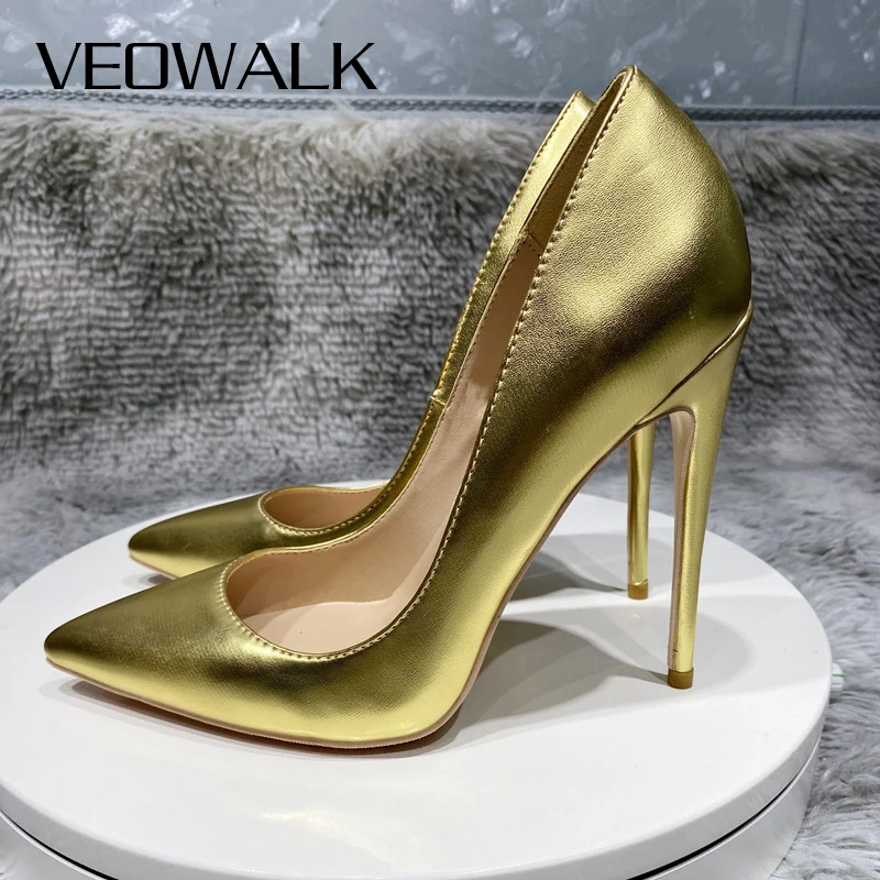 Женские блестящие туфли-лодочки Veowalk золотистые пикантные на высоком каблуке