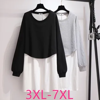 

New 2020 spring autumn plus size tops for women large loose long sleeve cotton black gray patchwork T-shirt 3XL 4XL 5XL 6XL 7XL