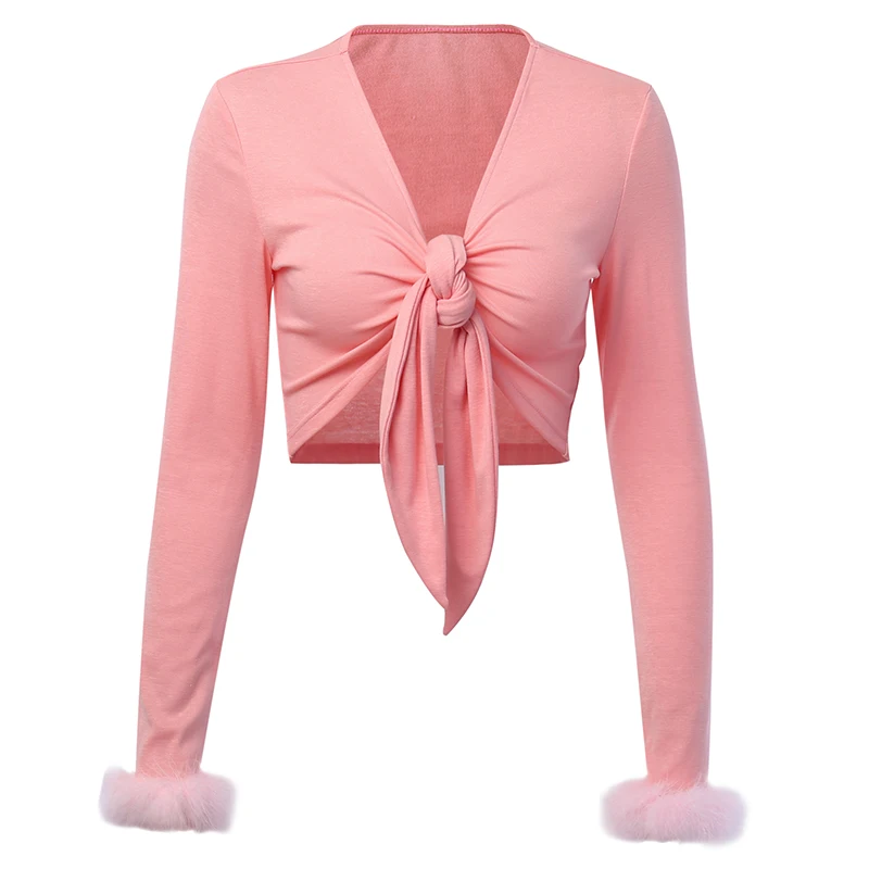 Pink WannaThis Розовая Сексуальная женская рубашка с v-образным вырезом спереди, на шнуровке, с длинным рукавом, из кусков, с перьями, милые укороченные обтягивающие осенние короткие топы - Цвет: Pink
