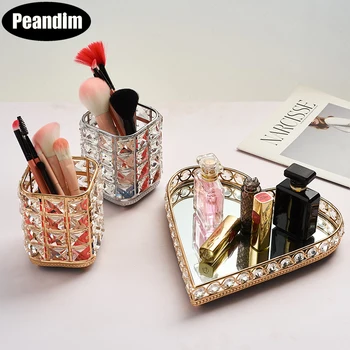 

PEANDIM Nordic Heart Crystal Makeup Brush Pencil Container Gold Mirror Tray Table Jewelry Storage Home Candle Holder Decorative