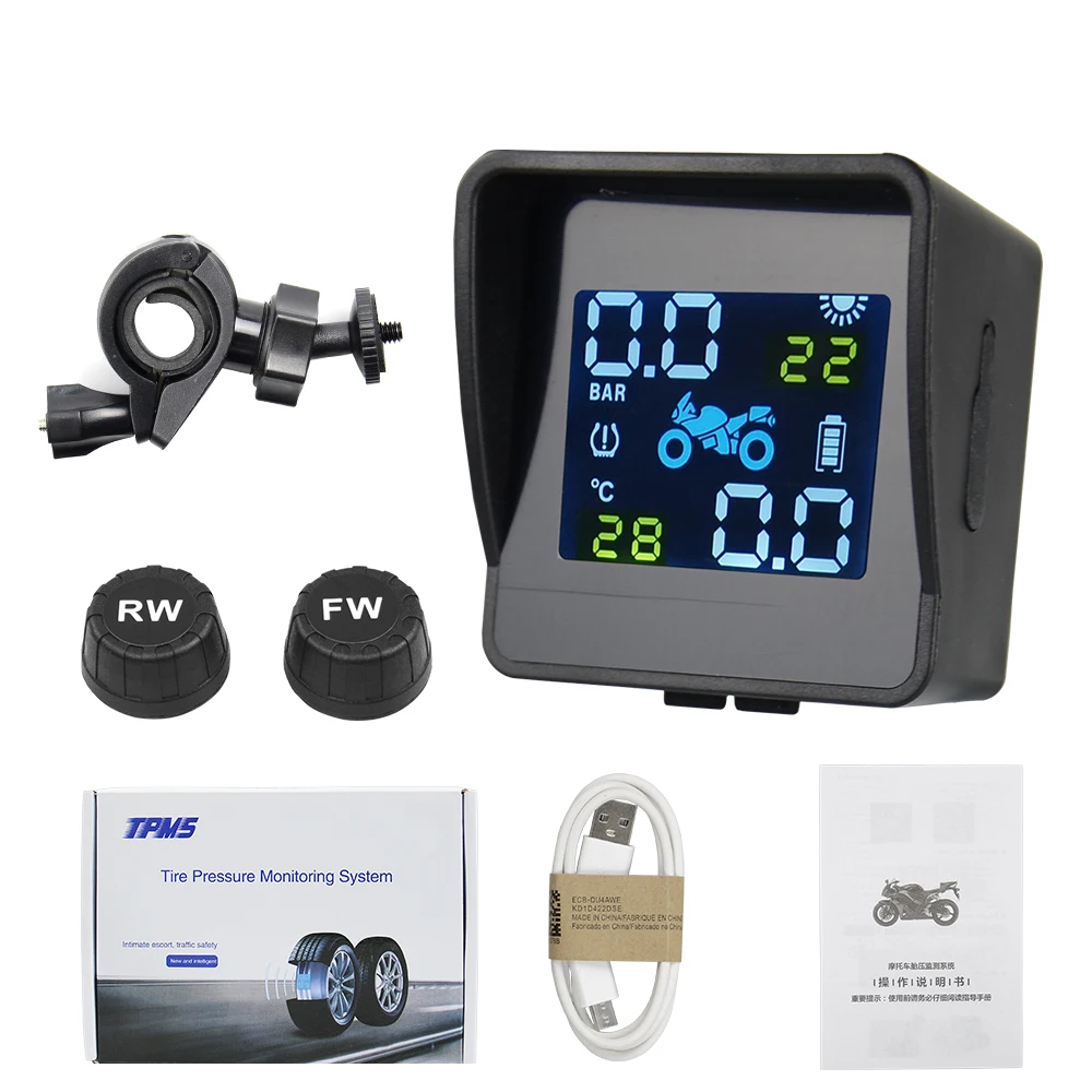 Motorcycle TPMS Tire Pressure Monitoring System with 2 External Sensors LCD  Display Motorbike Tyre Temperature Alarm