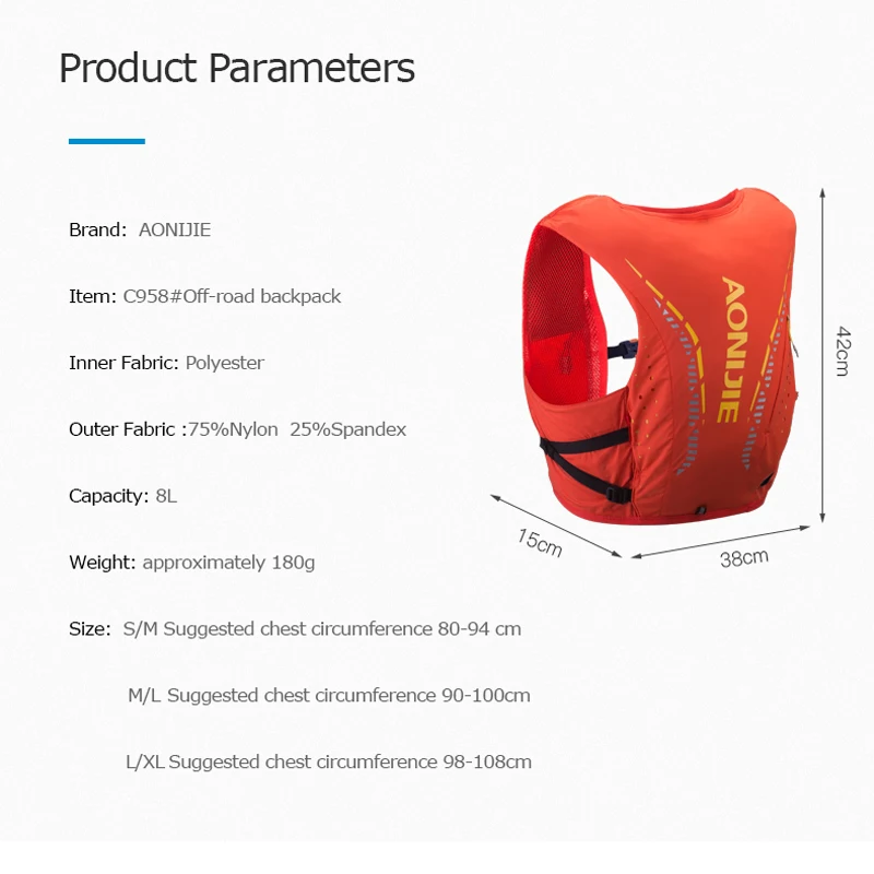 US $42.99 AONIJIE Lightweight oversized vest 8L hydration backpack bag soft water bladder flask hiking trail running marathon race C958