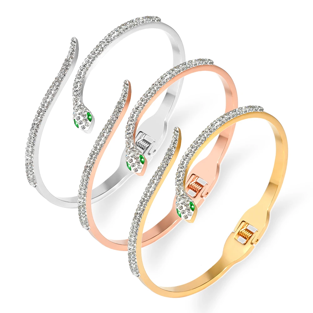Snake Green Eyes Bangles & Bracelets CZ Full Crystal Summer Clasp Stainless Steel Bracelet For Women Jewelry Accessories