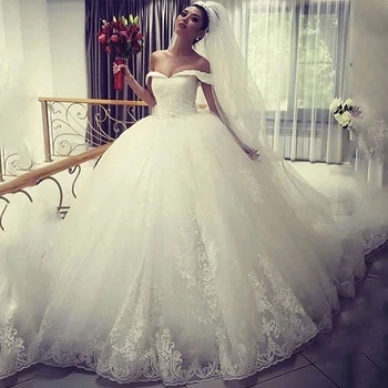 

Spring New Arrival Off Shoulder Puffy Glitter Bride Ball Gown Bridal Wedding Dress 2020