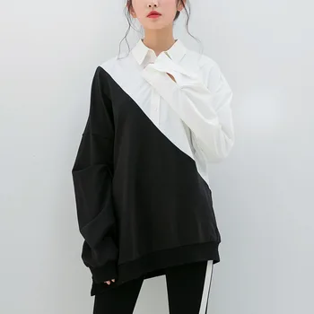 

2020 New Spring Autumn Lapel Long Sleeve Black Hit Color Irregular Loose Big Size Sweatshirt Women Fashion Tide