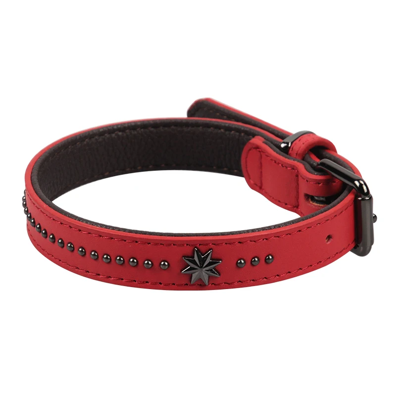 

Genuine Leather Dog Collar Star Studded Big Dog Collars Pet Necklace for Medium Large Dogs Walking Pitbull Bulldogs Black Red