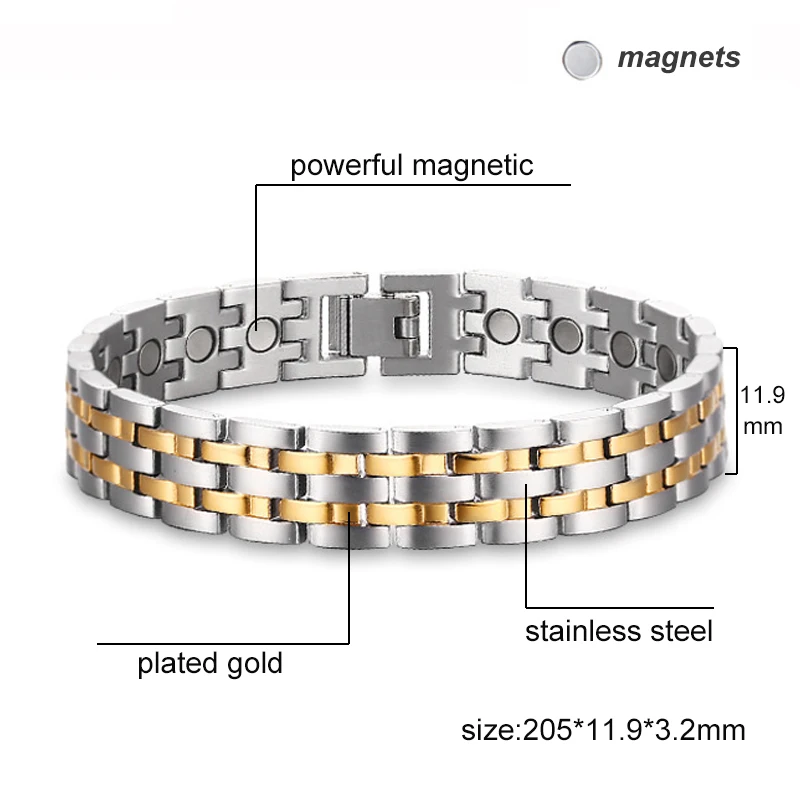 Magnetic Stainless Steel Bracelet 20.5cm for Men Gold Color Powerful Magnet Health Energy Bracelets pulseira magnetica