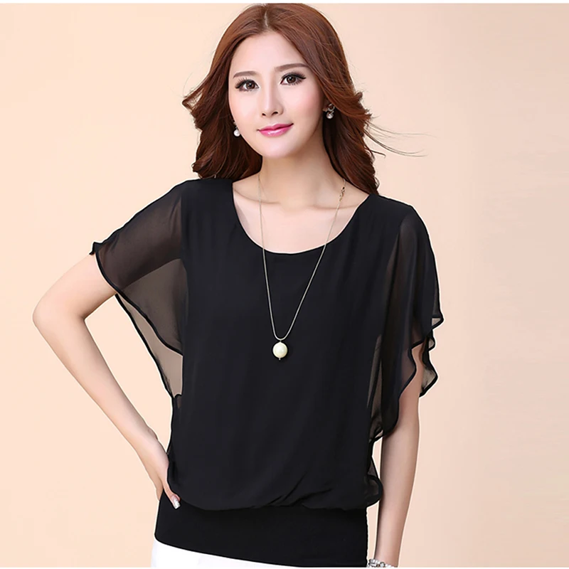 Summer O-neck Mesh Patchwork Top Blouse Solid Color Large Size Blusas Slim Bat Short Sleeve Chiffon Shirt Female Clothes | Женская