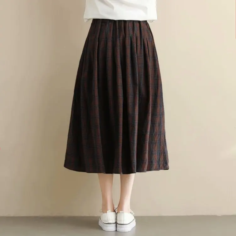 KYQIAO Женская винтажная клетчатая юбка mori девушки осень весна японский стиль шикарная длинная красная клетчатая юбка миди faldas mujer moda