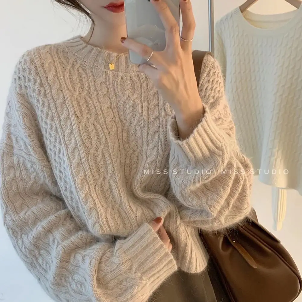 

Women Knitted Sweater Women Casual Pullover Sweater Female Autumn Winter Retro Jumper Round Neck Twist Short Sweater