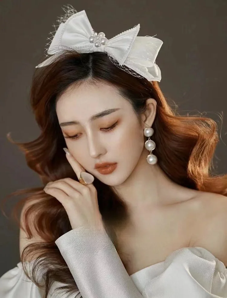 Elegant New Satin Khaki White Bow Shape Headband Fashion Wedding Bridal Wedding Dress Super Fairy Head Jewelry