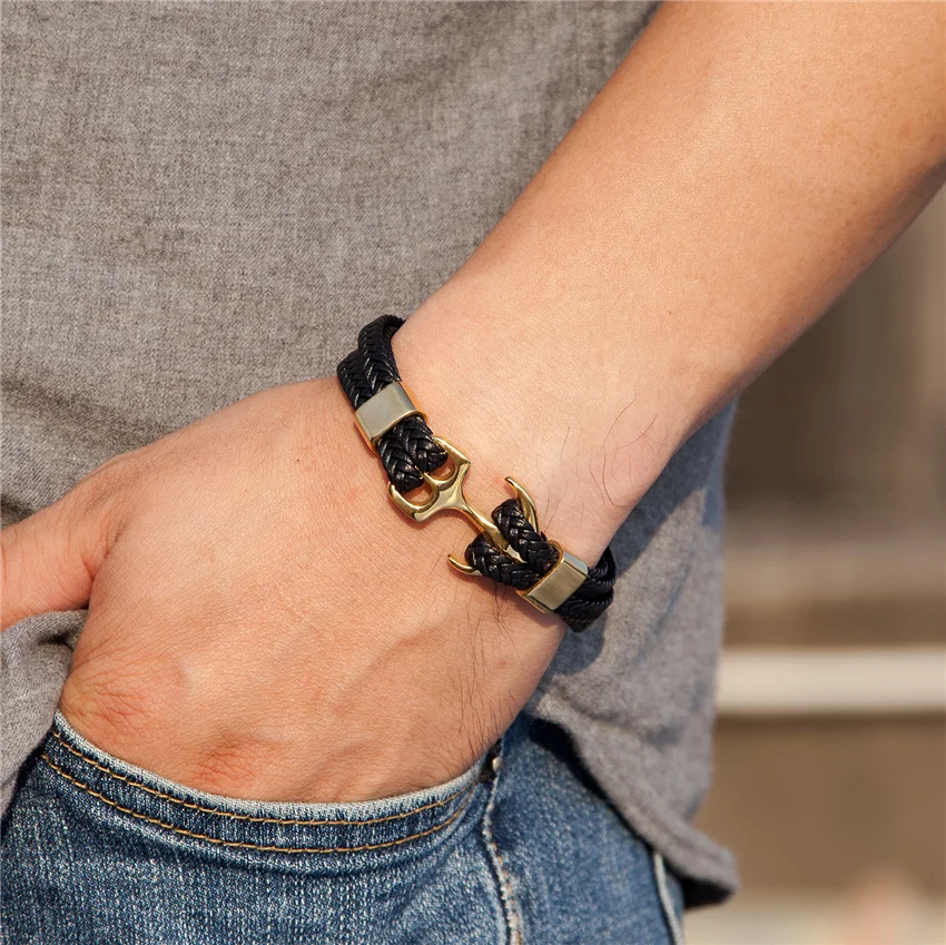 2020 New Fashion stainless steel Anchor bracelet Lady Multilayer Bracelet Men Black Leather Bracelet Women Wrap Pulseira TZ-1252