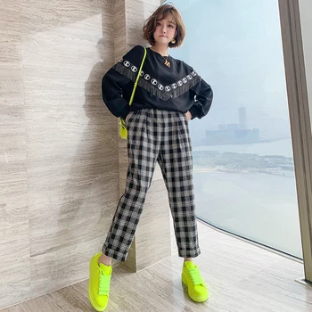 

Stitching tassel loose casual sweater + skinny slim nine-point lattice pants suit women 2020 autumn new