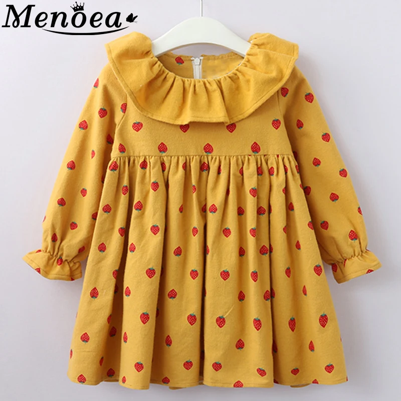 Menoea для девушек осенние платья стиль; одежда с рисунком; длинный рукав Весна одежда От 2 до 7 лет Детское милое платье с принтом «клубника», одежда