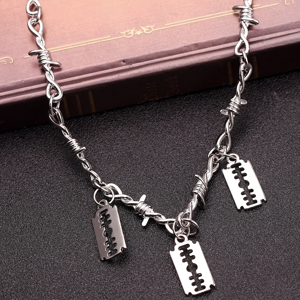 Панк индивидуальная цепочка с шипами, ожерелье, крутая подвеска с лезвием бритвы, серебряное ожерелье для женщин и мужчин, хип-хоп Ювелирное Украшение для ночного клуба