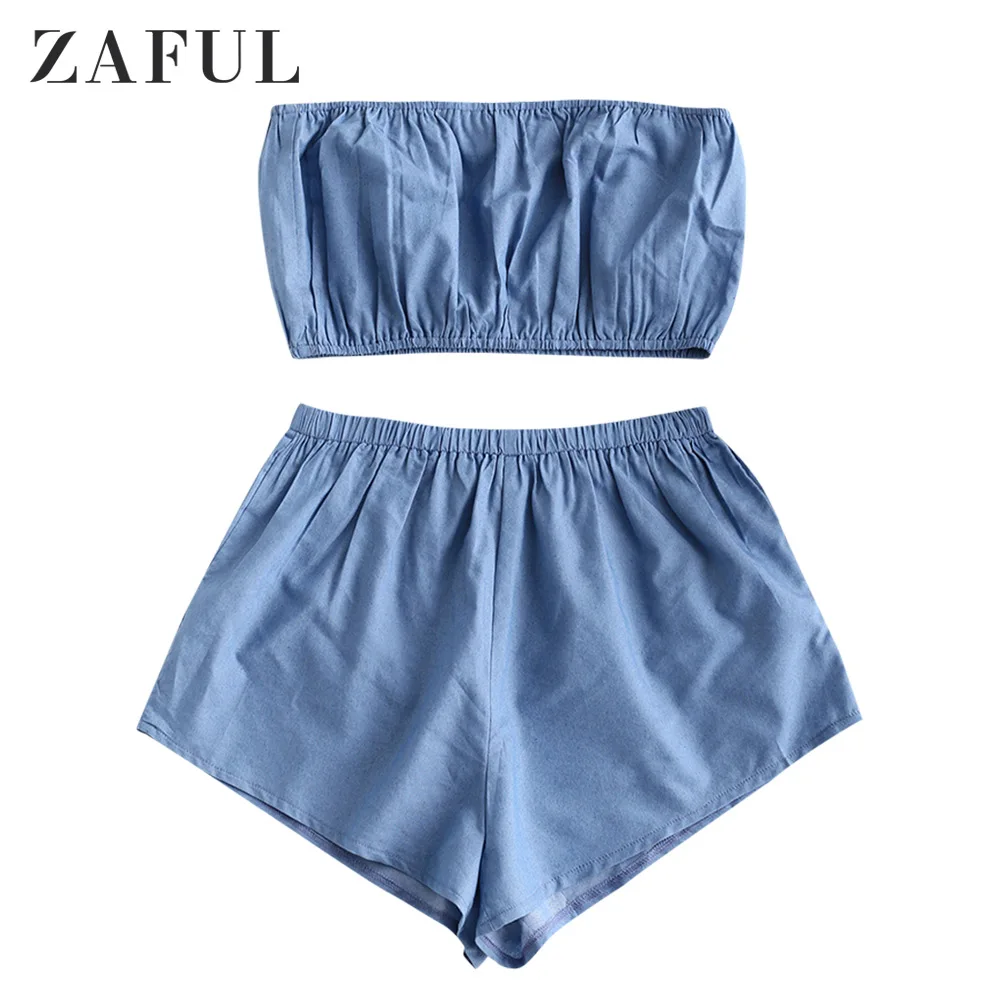 

ZAFUL Fashion Strapless Top And High Waisted Shorts Set Women Two Piece Set Solid Color Denim Blue Casual Summer Beach Suit