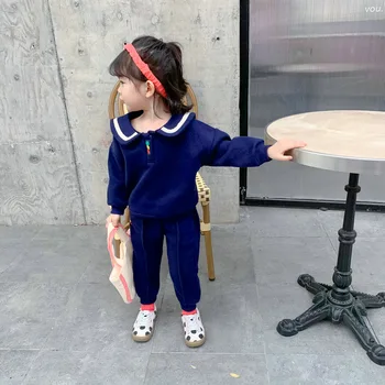 

2PCS WLG girls winter clothing set kids beige blue velvet thick long sleeve hoodie and pant set baby warm clothes 2-7 years