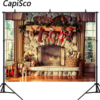 

Capisco Christmas Fireplace photography backdrops Tree Sock Gift Decorations for Xmas Party Supplies Photo Background Studio