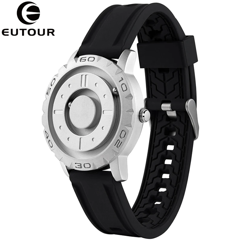 Creative Men Watch Eutour Full Black Sliver Dial Magnetic Magnet Beads Metal Ball Circle Multinational Watches Rubber Male Clock