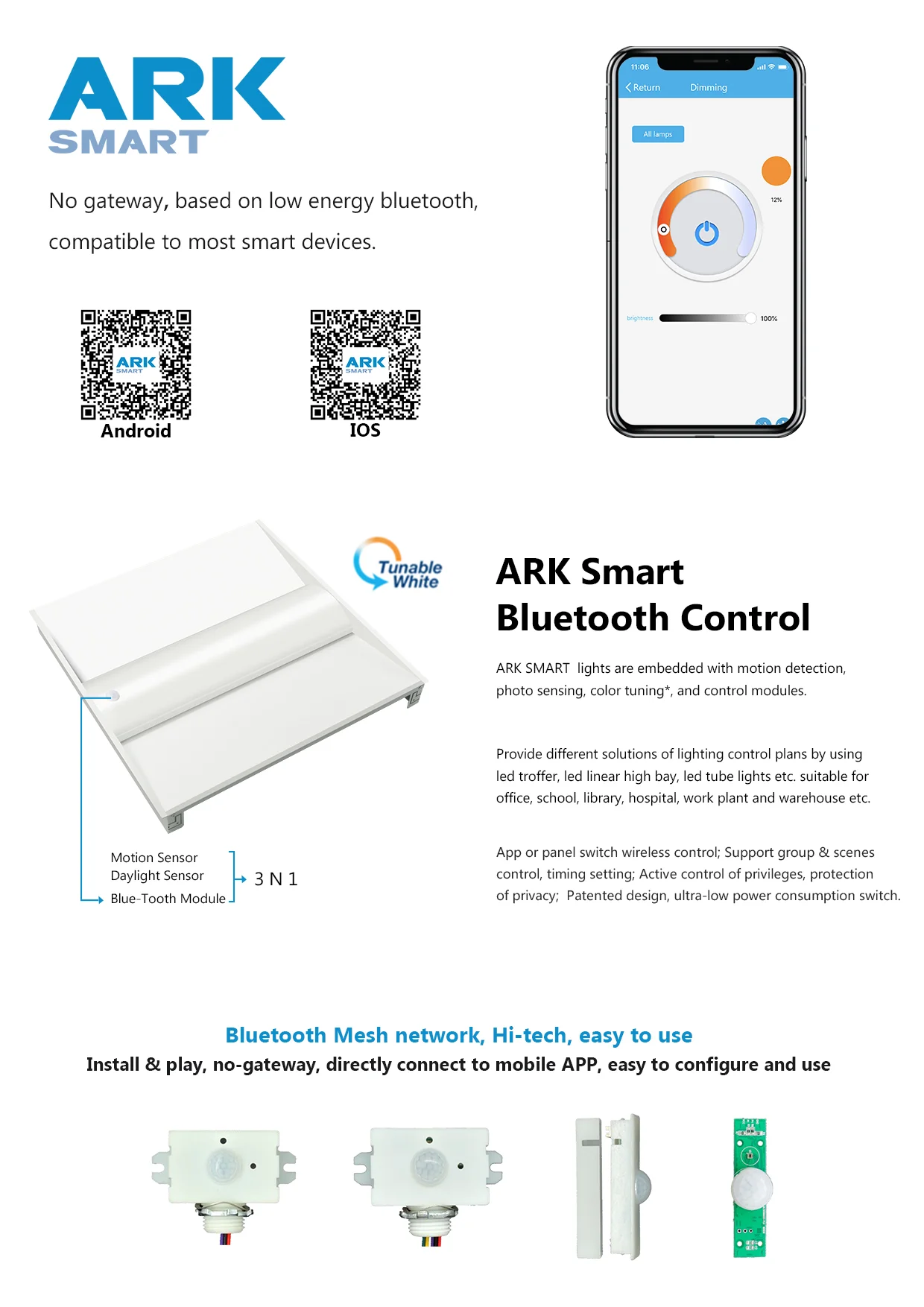 ARK APP smart control system daylight motion sensor smart CCT tunable 2x2ft 2x4ft 30w 40w LED troffer light