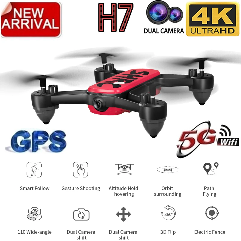 

New Arrival H7 Drone GPS with 4K HD Dual Camera Wide Angle Quadcopter Anti-shake WIFI FPV RC Drones Professional GPS Follow Me