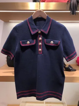 

2020 Summer Temperament Lady Lapel Metal Buckle Contrast Color Knitting Shirt Jacket 22005