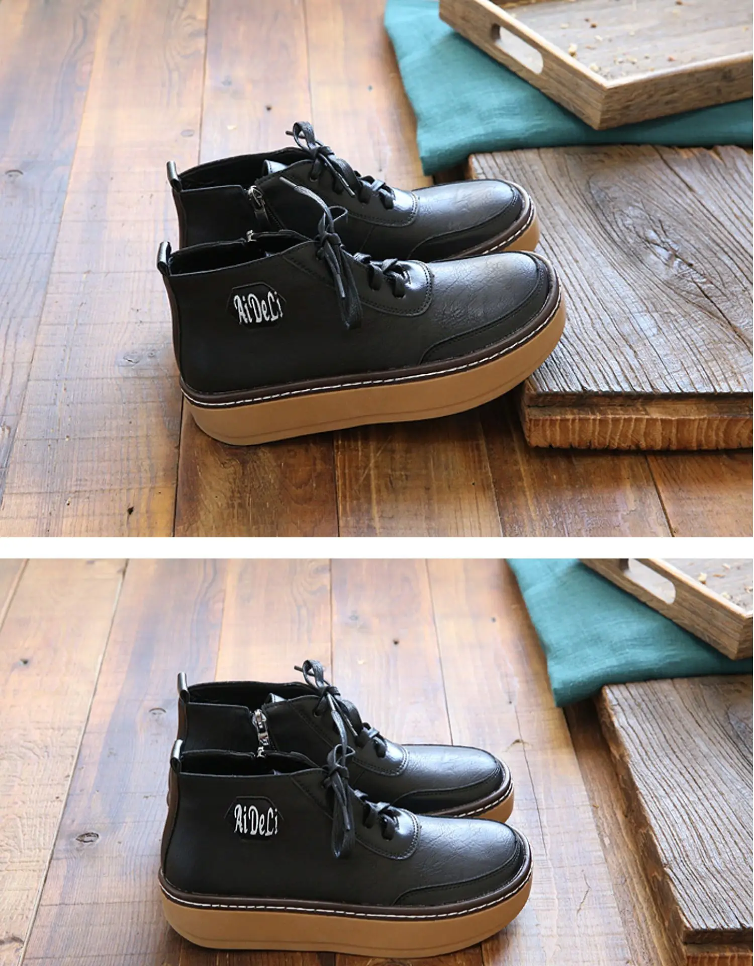 Women's Art RETRO Leather, Round Head Lace, Zipper Boots, Handmade Comfort Soft Bottom Casual Short Boots Fur Warm Women's Shoes