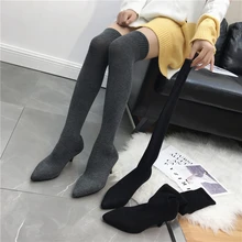 NIUFUNI Slim Stretch Over The Knee Boots For Women Pointed Toe Sock Boots 7cm Thin Heel Boots Autumn Shoes Woman Botas Mujer