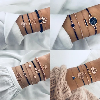 

Bohemian Black Beads Chain Bracelets Bangles For Women Fashion Heart Compass Gold Color Chain Bracelets Sets Femme Jewelry Gifts
