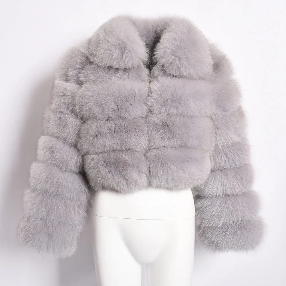 Light Grey Winter New Women's Real Fox Fur Jacket Zipper Lady Short Style Fur Coat Thick Warm Fur Outerwear S7636 - Цвет: Light Grey