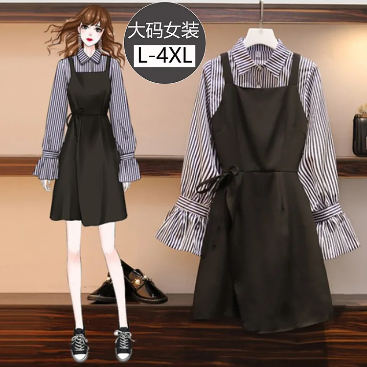 

Large Size Dress Fold-down Collar Wrinkle Striped Shirt Tops WOMEN'S Tank Top Black Dress Waist Hugging Lace-up Fat Mm Two-Piece