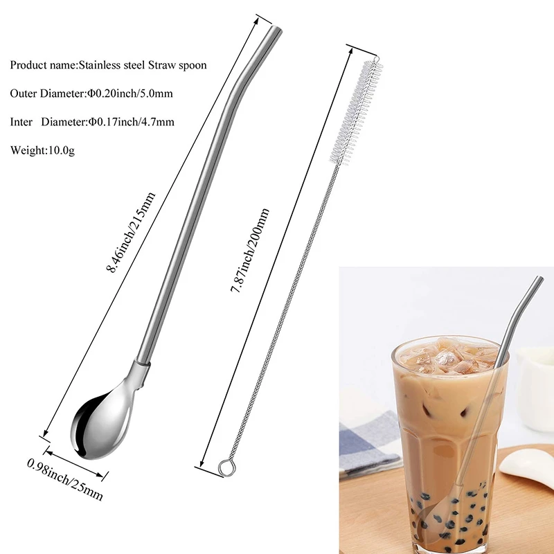 Reusable Spoon Drink Straws Value Pack 6Pcs with 2 Clean Brush- Metal Drinking Straw Spoon 7.5 Inch Long for 20Oz Tumblers Cups