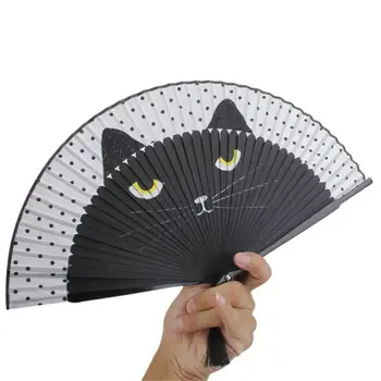 

Vintage Chinese Bamboo Hand Fan Craft Silk Fan Decorative Fans Handheld Cartoon Cat Printed Folding Fan Home Decoration New
