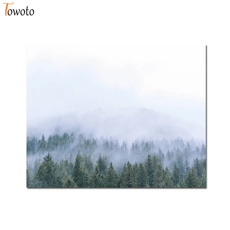 Туман пейзаж горный зеленый лес печать скандинавский плакат холст картина деревянная зимняя настенная художественная Настенная роспись скандинавский Декор - Цвет: B991-2
