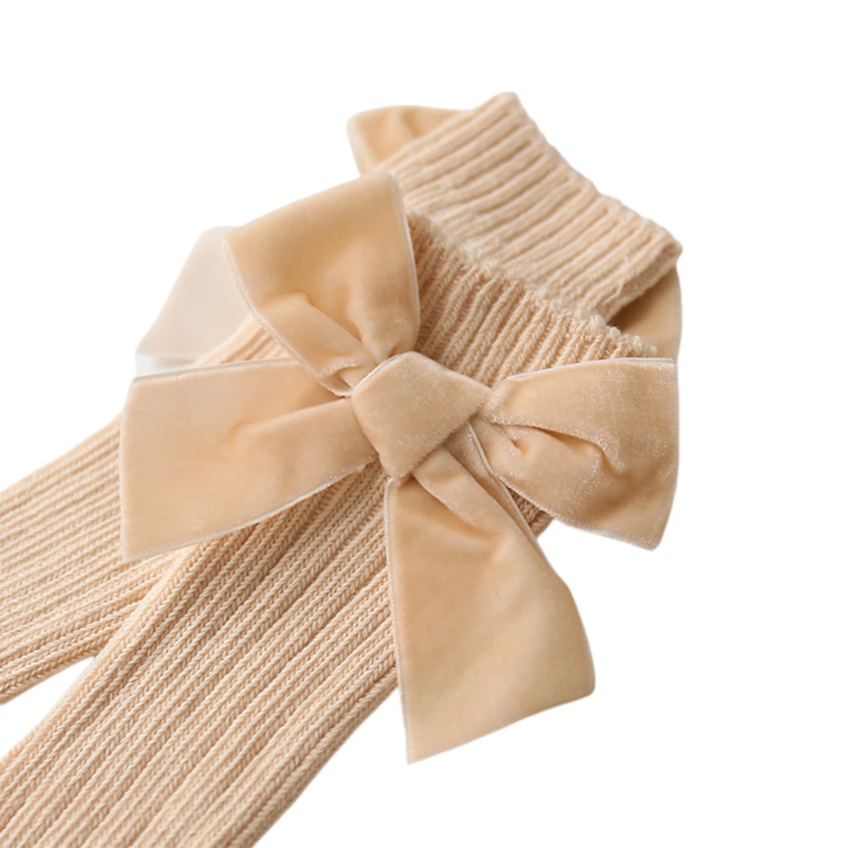 Baby Girl Knee High Rib Stockings Winter Warm Combed Cotton Knitted Stockings with Big Velvet Bow for Infants Toddlers 1-3Years cotton knee socks